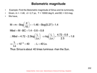 202
Bolometric magnitude
• Example: Find the Bolometric magnitude of Sirius and its luminosity.
• Given, m = -1.46, d = 2.7 pc, T = 10000 deg K, and BC = 0.6 mag.
• We have,
 
Sun.
the
rhan
luminous
times
40
about
is
Sirius
Thus
Ls.
40
L
40
10
Ls
L
1.6
2.5
0.8
4.72
Ls
L
log
Ls
L
2.5log
4.72
Mbol
0.8
0.6
1.4
BC
M
Mbol
1.4
0.27
5log
1.46
10
d
5log
m
M
1.6









































Sukalyan Bachhar, Senior curator, National Museum of Science & Technology, Bangladesh
 