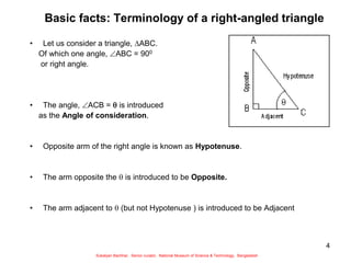 4
Basic facts: Terminology of a right-angled triangle
• Let us consider a triangle, ABC.
Of which one angle, ABC = 900
or right angle.
• The angle, ACB =  is introduced
as the Angle of consideration.
• Opposite arm of the right angle is known as Hypotenuse.
• The arm opposite the  is introduced to be Opposite.
• The arm adjacent to  (but not Hypotenuse ) is introduced to be Adjacent
Sukalyan Bachhar, Senior curator, National Museum of Science & Technology, Bangladesh
 