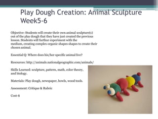 Play Dough Creation: Animal Sculpture
         Week5-6
Objective: Students will create their own animal sculpture(s)
out of the play dough that they have just created the previous
lesson. Students will furthur experiment with the
medium, creating complex organic shapes shapes to create their
chosen animal.

Essential Q: Where does his/her specific animal live?

Resources: http://animals.nationalgeographic.com/animals/

Skills Learned: sculpture, pattern, math, color theory,
and biology.

Materials: Play dough, newspaper, bowls, wood tools.

Assessment: Critique & Rubric

Cost-$
 