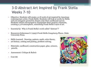 3-D Abstract Art Inspired by Frank Stella
    Weeks 7-10
• Objective: Students will create a 3-D work of art inspired by American
  contemporary artist, Frank Stella. Students will look at works by Stella
  and cut and paste geometric shapes onto their cardboard canvas.
  Students will be encouraged to manipulate their project’s elements,
  creating a 3-D atmosphere, mimicking Frank Stella’s style of art.

• Essential Q: Why is Frank Stella’s work called “abstract”?

• Resources:Guberman S. (1995) Frank Stella Imaginary Places. Duke
  University Press.

• Skills Learned: Drawing, pattern, math, color theory,
• art history, cutting and pasting, problem solving.

• Materials: cardboard, construction paper, glue, scissors,
• pencils.

• Assessment: Critique & Rubric

• Cost-$$
 