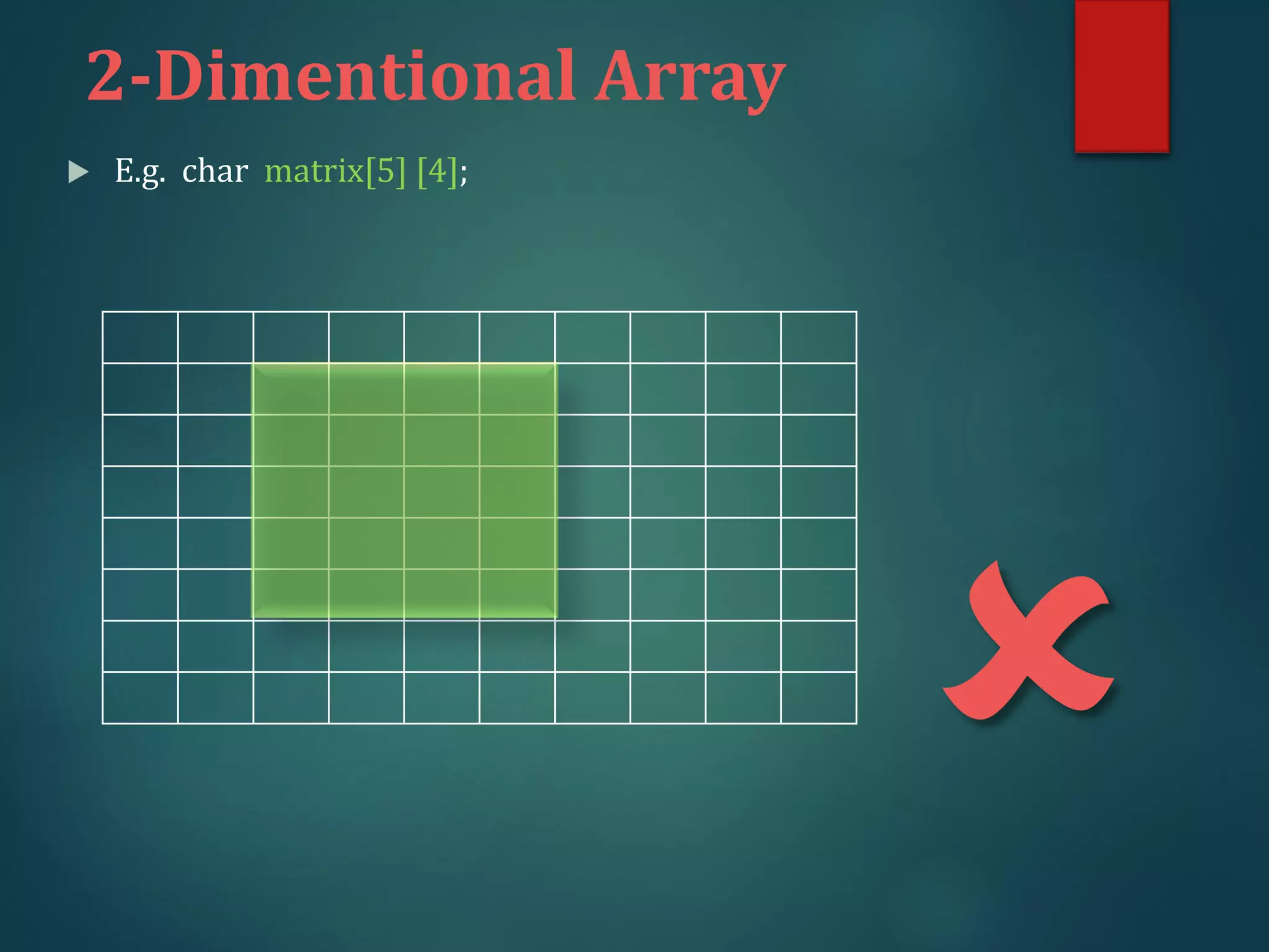 2-Dimentional Array
 E.g. char matrix[5] [4];

 