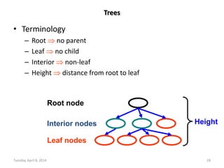 Tuesday, April 8, 2014 28
Trees
• Terminology
– Root  no parent
– Leaf  no child
– Interior  non-leaf
– Height  distance from root to leaf
Root node
Leaf nodes
Interior nodes Height
 