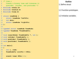 1 /* tree.c 
2 Create a binary tree and traverse it 
3 preorder, inorder, and postorder */ 
4 #include <stdio.h> 
5 #include <stdlib.h> 
6 #include <time.h> 
7 
8 struct treeNode { 
9 struct treeNode *leftPtr; 
10 int data; 
11 struct treeNode *rightPtr; 
12 }; 
13 
14 typedef struct treeNode TreeNode; 
15 typedef TreeNode *TreeNodePtr; 
16 
17 void insertNode( TreeNodePtr *, int ); 
18 void inOrder( TreeNodePtr ); 
19 void preOrder( TreeNodePtr ); 
20 void postOrder( TreeNodePtr ); 
21 
22 int main() 
23 { 
24 int i, item; 
25 TreeNodePtr rootPtr = NULL; 
26 
27 srand( time( NULL ) ); 
28 
Outline 
1. Define struct 
1.1 Function prototypes 
1.2 Initialize variables 
Saturday, August 30, 2014 34 
 