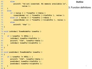 Outline 
3. Function definitions 
63 else 
64 printf( "%d not inserted. No memory available.n", 
65 value ); 
66 } 
67 else 
68 if ( value < ( *treePtr )->data ) 
69 insertNode( &( ( *treePtr )->leftPtr ), value ); 
70 else if ( value > ( *treePtr )->data ) 
71 insertNode( &( ( *treePtr )->rightPtr ), value ); 
72 else 
73 printf( "dup" ); 
74 } 
75 
76 void inOrder( TreeNodePtr treePtr ) 
77 { 
78 if ( treePtr != NULL ) { 
79 inOrder( treePtr->leftPtr ); 
80 printf( "%3d", treePtr->data ); 
81 inOrder( treePtr->rightPtr ); 
82 } 
83 } 
84 
85 void preOrder( TreeNodePtr treePtr ) 
86 { 
87 if ( treePtr != NULL ) { 
88 printf( "%3d", treePtr->data ); 
89 preOrder( treePtr->leftPtr ); 
90 preOrder( treePtr->rightPtr ); 
91 } 
92 } 
Saturday, August 30, 2014 36 
 