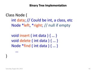 Binary Tree Implementation 
Class Node { 
int data; // Could be int, a class, etc 
Node *left, *right; // null if empty 
void insert ( int data ) { … } 
void delete ( int data ) { … } 
Node *find ( int data ) { … } 
… 
} 
Saturday, August 30, 2014 42 
 