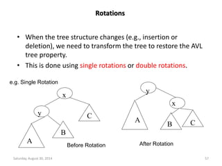 Rotations 
• When the tree structure changes (e.g., insertion or 
deletion), we need to transform the tree to restore the AVL 
tree property. 
• This is done using single rotations or double rotations. 
x 
e.g. Single Rotation 
y 
A 
B 
C 
y 
x 
A 
B C 
Before Rotation After Rotation 
Saturday, August 30, 2014 57 
 