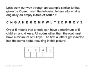 Let's work our way through an example similar to that 
given by Kruse. Insert the following letters into what is 
originally an empty B-tree of order 5: 
C N G A H E K Q M F W L T Z D P R X Y S 
Order 5 means that a node can have a maximum of 5 
children and 4 keys. All nodes other than the root must 
have a minimum of 2 keys. The first 4 letters get inserted 
into the same node, resulting in this picture: 
Saturday, August 30, 2014 85 
 