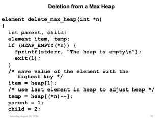 Deletion from a Max Heap 
element delete_max_heap(int *n) 
{ 
int parent, child; 
element item, temp; 
if (HEAP_EMPTY(*n)) { 
fprintf(stderr, “The heap is emptyn”); 
exit(1); 
} 
/* save value of the element with the 
highest key */ 
item = heap[1]; 
/* use last element in heap to adjust heap */ 
temp = heap[(*n)--]; 
parent = 1; 
child = 2; 
Saturday, August 30, 2014 95 
 