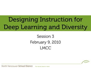 Designing Instruction for
Deep Learning and Diversity
           Session 3
        February 9, 2010
             LMCC
 