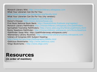 Resources (in order of mention) Monarch Library Wiki:  http://monarchlibrary.wikispaces.com   What Your Librarian Can Do For You:  http://www.krueger.uni.iowapages.org/faculty.html What Your Librarian Can Do For You (my version):  http://monarchlibrary.wikispaces.com/librarian   Donor’s Choose:  http://www.donorschoose.org   First Book National Book Bank:  http://booksforkids.firstbook.org/register/ Monarch Library Pathfinders  http://monarchlibrary.wikispaces.com/pathfinders   Springfield Township Pathfinders:  http://www.sdst.org/shs/library/pathmenu.html Rocky Seashore Pathfinder:  http://monarchlibrary.wikispaces.com/RockySeashore Pathfinder Swap Wiki: http://pathfinderswap.wikispaces.com/ Elementary Library Routines:  http://elementarylibraryroutines.wikispaces.com Library of Congress 69X Subject Heading:  http://www.loc.gov/marc/bibliographic/bd69x.html Delicious Bookmarks:  http://www.delicious.com/ Diigo Bookmarks :  http://www.diigo.com/ 