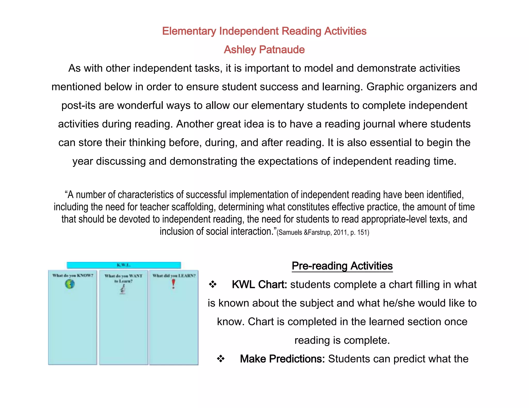 Elementary independent reading activities ppt