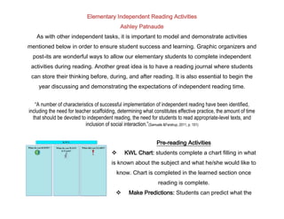 Elementary Independent Reading Activities
                                            Ashley Patnaude
   As with other independent tasks, it is important to model and demonstrate activities
mentioned below in order to ensure student success and learning. Graphic organizers and
  post-its are wonderful ways to allow our elementary students to complete independent
 activities during reading. Another great idea is to have a reading journal where students
 can store their thinking before, during, and after reading. It is also essential to begin the
    year discussing and demonstrating the expectations of independent reading time.


   “A number of characteristics of successful implementation of independent reading have been identified,
including the need for teacher scaffolding, determining what constitutes effective practice, the amount of time
  that should be devoted to independent reading, the need for students to read appropriate-level texts, and
                            inclusion of social interaction.”(Samuels &Farstrup, 2011, p. 151)


                                                              Pre-reading Activities
                                             KWL Chart: students complete a chart filling in what
                                        is known about the subject and what he/she would like to
                                           know. Chart is completed in the learned section once
                                                               reading is complete.
                                                Make Predictions: Students can predict what the
 