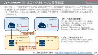 27
ホスト・ストレージの分散指定
27
＜サーバ側の分散指定＞
タグでグループを作ることでホストサーバを分散する
ことが可能です。異なるタグはを付与したサーバは、
必ず別のホストサーバにて起動されます。
@groupタグは@group=a、@group=b、
@group=c、@group=dの4種類が存在します。
サーバA
タグ：@group=a
サーバB
タグ：@group=b
ディスクA ディスクB
必ず異なるストレージに収
容するディスクのペアを指
定出来る
＜ストレージA＞ ＜ストレージB＞
＜ホストB＞＜ホストA＞
ホストやストレージの障害耐性については、前述の通りですが、物理障害がゼロではありません。さらに高い可用
性を担保するため、仮想サーバレイヤーでもHA構成を組む場合があります。たとえば、下図のように「サーバA」と
「サーバB」でActive-Standby構成をとっている場合、できる限りサーバが同時に障害が発生しにくい構成をとる
ことが出来ます。
Active-Standbyで
HA構成をする場合
＜ディスク側の分散指定＞
2台のディスクが必ず別のストレージ筐体に格納さ
れるように、ペアとなるディスクを指定可能です。
詳しい設定方法はこちらを参照 : http://knowledge.sakura.ad.jp/sacloud/6349/
 