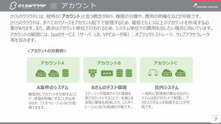 7
アカウント
7
アカウントA アカウントB アカウントC
さくらのクラウドには、独特な「アカウント」と言う概念があり、権限の分離や、費用の明確化などが可能です。
さくらのクラウドは、すべてのリソースをアカウント配下で管理するため、最低でも1つ以上のアカウントを作成する必
要があります。また、請求はアカウント単位で行われるため、システム単位での費用を出したい場合に向いています。
アカウントの範囲には、IaaSサービス（サーバ、LB、VPCルータ等）、オブジェクトストレージ、ウェブアクセラレータ
等を含みます。
A案件のシステム Bさんのテスト環境 社内システム
顧客別にアカウントを分割すること
で、原価を明確にすることが出来
るほか、ミスオペレーションなども低
減できます。
ステージング環境やテスト環境を
別アカウントとすることで、本番とほ
ぼ同じ環境を再現したり、ミスオペ
レーションなども低減も可能です。
一般的に管理者の異なる社内シ
ステムは別アカウントで管理し、ア
クセスできる人を制限することが可
能です。
＜アカウントの分割例＞
 