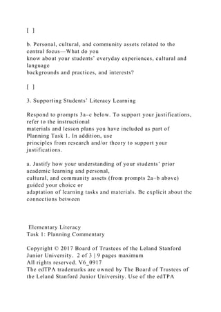 Elementary Literacy Task 1 Planning Commentary Copyrig.docx | Special ...