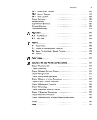 x Contents
Computer Exercises . . . . . . . . . . . . . . . . . . . . . . . . . . . . . . . . . . . . . . . 452
Enrichment Readings . . . . . . . . . . . . . . . . . . . . . . . . . . . . . . . . . . . . . . 453
10 Primitive Roots and Indices . . . . . . . . . . . . . . . . . . . . . . . . . . . . 455
10.1 The Order of a Positive Integer . . . . . . . . . . . . . . . . . . . . . . . . . . 455
10.2 Primality Tests . . . . . . . . . . . . . . . . . . . . . . . . . . . . . . . . . . . . . 464
10.3 Primitive Roots for Primes . . . . . . . . . . . . . . . . . . . . . . . . . . . . . 467
10.4 Composites with Primitive Roots (optional) . . . . . . . . . . . . . . . . . . 474
10.5 The Algebra of Indices . . . . . . . . . . . . . . . . . . . . . . . . . . . . . . . . 482
Chapter Summary . . . . . . . . . . . . . . . . . . . . . . . . . . . . . . . . . . . . . . . . 489
Review Exercises . . . . . . . . . . . . . . . . . . . . . . . . . . . . . . . . . . . . . . . . 491
Supplementary Exercises . . . . . . . . . . . . . . . . . . . . . . . . . . . . . . . . . . . 492
Computer Exercises . . . . . . . . . . . . . . . . . . . . . . . . . . . . . . . . . . . . . . . 493
Enrichment Readings . . . . . . . . . . . . . . . . . . . . . . . . . . . . . . . . . . . . . . 493
11 Quadratic Congruences . . . . . . . . . . . . . . . . . . . . . . . . . . . . . . . . 495
11.1 Quadratic Residues . . . . . . . . . . . . . . . . . . . . . . . . . . . . . . . . . . 495
11.2 The Legendre Symbol . . . . . . . . . . . . . . . . . . . . . . . . . . . . . . . . 501
11.3 Quadratic Reciprocity . . . . . . . . . . . . . . . . . . . . . . . . . . . . . . . . 515
11.4 The Jacobi Symbol . . . . . . . . . . . . . . . . . . . . . . . . . . . . . . . . . . 527
11.5 Quadratic Congruences with Composite Moduli (optional) . . . . . . . . 535
Chapter Summary . . . . . . . . . . . . . . . . . . . . . . . . . . . . . . . . . . . . . . . . 543
Review Exercises . . . . . . . . . . . . . . . . . . . . . . . . . . . . . . . . . . . . . . . . 546
Supplementary Exercises . . . . . . . . . . . . . . . . . . . . . . . . . . . . . . . . . . . 548
Computer Exercises . . . . . . . . . . . . . . . . . . . . . . . . . . . . . . . . . . . . . . . 549
Enrichment Readings . . . . . . . . . . . . . . . . . . . . . . . . . . . . . . . . . . . . . . 550
12 Continued Fractions . . . . . . . . . . . . . . . . . . . . . . . . . . . . . . . . . . . 551
12.1 Finite Continued Fractions . . . . . . . . . . . . . . . . . . . . . . . . . . . . . 552
12.2 Infinite Continued Fractions . . . . . . . . . . . . . . . . . . . . . . . . . . . . 565
Chapter Summary . . . . . . . . . . . . . . . . . . . . . . . . . . . . . . . . . . . . . . . . 575
Review Exercises . . . . . . . . . . . . . . . . . . . . . . . . . . . . . . . . . . . . . . . . 576
Supplementary Exercises . . . . . . . . . . . . . . . . . . . . . . . . . . . . . . . . . . . 578
Computer Exercises . . . . . . . . . . . . . . . . . . . . . . . . . . . . . . . . . . . . . . . 578
Enrichment Readings . . . . . . . . . . . . . . . . . . . . . . . . . . . . . . . . . . . . . . 578
13 Miscellaneous Nonlinear Diophantine Equations . . . . . . . . . . 579
13.1 Pythagorean Triangles . . . . . . . . . . . . . . . . . . . . . . . . . . . . . . . . 579
 