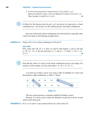 Supplementary Exercises 149
orders, respectively. Define K(n) = n −n. For example, K(1995) = 9951−1599 =
8352.
3. Find K(K(1995)).
4. Show that K(6174) = 6174. (The integer 6174 is the only four-digit integer
that has this property. It is called Kaprekar’s constant.)
5. Charles W. Trigg of California, who has written extensively on recreational
mathematics, showed in 1968 (the year the Journal of Recreational Mathemat-
ics was first published) that K6(1968) = 6174, where Kn(m) = K(Kn−1(m))
and K1 = K. Verify this.
An absolute prime is a prime such that every permutation of its digits yields a prime.
For example, 2, 3, and 5 are absolute primes. Every repunit prime is an absolute
prime.
6. There are eight two-digit absolute primes with distinct digits. Find them.
7. There are nine three-digit absolute primes with two distinct digits. Find them.
8. Show that an absolute prime with two or more digits may contain only the
digits 1, 3, 7, and 9.
A cyclic prime is a prime such that every cyclic permutation of its digits yields a
prime. For example, 79 and 97 are cyclic primes. Every absolute prime is also a
cyclic prime.
9. Find the cyclic primes that can be obtained from the cyclic prime 3779.
10. There are three three-digit cyclic primes that are not absolute primes; each
consists of distinct digits. Find them.
11. Show that a cyclic prime with two or more digits may contain only the digits
1, 3, 7, and 9.
12. A reversible prime is a prime that yields a prime when read from right to left.
For instance, 113 is a reversible prime. Determine if 199 and 733 are reversible
primes.
13. Find all reversible primes  100.
Give a reversible prime that is not:
14. An absolute prime.
15. A palindromic prime.
A sieving algorithm similar to Eratosthenes’ can be employed to generate lucky
numbers. From the list of positive integers, first strike out every other integer, leav-
ing all odd positive integers. The smallest odd integer left after 1 is 3, so counting
with 1 strike out every third integer in the new list. The next integer left is 7, so again
starting at 1 cross out every seventh integer in the resulting list. Continuing like this,
 