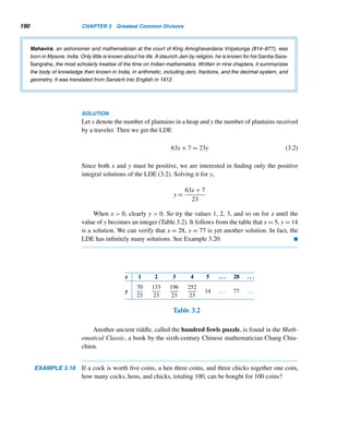 3.3 The Fundamental Theorem of Arithmetic 179
More generally, we have the following result due to the French mathematician
Adrien-Mari Legendre.
THEOREM 3.14 Let e denote the highest power of 2 that divides n! and b the number of 1s in the
binary representation of n. Then n = e + b.
PROOF
Let n = (akak−1 ...a1a0)two = a0 + a1 · 2 + ··· + ak · 2k. Let 1 ≤ i ≤ k. Then
 