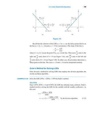 3.3 The Fundamental Theorem of Arithmetic 183
Find the positive factors of each composite number.
13. 48 14. 90 15. 210 16. 1040
Find the number of trailing zeros in the decimal value of
each.
17. 100! 18. 376! 19. 609! 20. 1010!
Find the values of n for which n! contains the given num-
ber of trailing zeros.
21. 58 22. 93
Find the gcd of each pair, where p, q, and r are distinct
primes.
23. 23 · 3 · 5,2 · 32 · 53 · 72
24. 24 · 32 · 75,34 · 5 · 112
25. p2q3, pq2r
26. p3qr3, p3q4r5
Using canonical decompositions, find the gcd of each pair.
27. 48, 162 28. 72, 108
29. 175, 192 30. 294, 450
Find the number of trailing zeros in the binary represen-
tation of each integer.
31. 28 32. 32 33. 208 34. 235
35. Using Exercises 31–34, predict the number of trailing
zeros in the binary representation of a positive inte-
ger n.
Find the highest power of each that divides 1001!
36. 2 37. 3 38. 5 39. 7
Using Theorem 3.14, find the number of ones in the bi-
nary representation of each integer.
40. 234 41. 1001 42. 1976 43. 3076
44. Using Example 3.12, conjecture the number of trail-
ing zeros in the decimal value of n!
Prove each, where p is a prime, and a, b, and n are posi-
tive integers.
45. If p|a2, then p|a.
46. If p|an, then p|a.
47. The product of any n integers of the form 4k + 1 is
also of the same form.
48. If (a,b) = 1, then (an,bn) = 1.
49. If (an,bn) = 1, then (a,b) = 1.
50. There are infinitely many primes of the form 2n + 3.
51. There are infinitely many primes of the form 8n + 5.
52. Every positive integer n can be written as n = 2em,
where e ≥ 0 and m is an odd integer.
53. Every positive integer n can be written as n = 2a5bc,
where c is not divisible by 2 or 5.
54. A positive integer is a square if and only if every ex-
ponent in its canonical decomposition is an even inte-
ger.
Find the number of positive factors of each, where p, q,
and r are distinct primes.
55. pq 56. pq2 57. p2q2 58. pq2r3
Find the sum of the positive factors of each, where p, q,
and r are distinct primes.
59. pi 60. pqj 61. piqj 62. piqjrk
A positive integer is square-free if it is not divisible
by the square of any positive integer  1. For instance,
105 = 3 · 5 · 7 is square-free.
63. An integer  1 is square-free if and only if its prime
factorization consists of distinct primes.
64. Any integer n  1 can be written as the product of a
square and a square-free integer.
A positive integer is said to be powerful if whenever a
prime p is a factor of n, p2 is also a factor. For example,
72 is a powerful number since both 3 and 32 are factors
of 72.
65. Find the first three powerful numbers.
66. Show that every powerful number can be written in
the form a2b3, where a and b are positive integers.
Let p be a prime, and n and a positive integers. Then pa
exactly divides n if pa|n, but pa+1  n; we then write
pa 