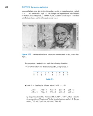 Review Exercises 241
Congruences
• a ≡ b (mod m) if and only if m|(a − b). (p. 212)
• a ≡ b (mod m) if and only if a = b + km for some integer k. (p. 213)
• a ≡ a (mod m) (reflexive property) (p. 213)
• If a ≡ b (mod m), then b ≡ a (mod m) (symmetric property). (p. 213)
• If a ≡ b (mod m) and b ≡ c (mod m), then a ≡ c (mod m) (transitive prop-
erty). (p. 213)
• If a ≡ b (mod m), then
• a + c ≡ b + c (mod m) (p. 219)
• ac ≡ bc (mod m) (p. 219)
• an ≡ bn (mod m) (p. 220)
• If ac ≡ bc (mod m) and (c, m) = 1, then a ≡ b (mod m). (p. 226)
• If ac ≡ bc (mod m) and (c, m) = d, then a ≡ b (mod m/d). (p. 227)
• If a ≡ b (mod mi), where 1 ≤ i ≤ k, then a ≡ b (mod [m1,m2,...,mk]).
(p. 228)
Linear Congruences
• A congruence of the form ax ≡ b (mod m) is a linear congruence. (p. 230)
• The linear congruence ax ≡ b (mod m) is solvable if and only if d|b, where
d = (a,m); when solvable, it has d incongruent solutions. (p. 231)
• The unique solution of ax ≡ b (mod m), where (a,m) = 1, is the least residue
of a−1b modulo m. (p. 234)
The Pollard Rho Factoring Method
• Let x0 be a starting value and f(x) = x2 +a, where a = 0, −2. Then (xj −xi,n)
is a nontrivial factor of n. (p. 238)
X REVIEW EXERCISES
1. If today is Thursday, what day will it be in 1001 days?
2. If today is Wednesday, what day will it be in 4567 days?
3. If it is 11:30 A.M. now, what time will it be in 1770 hours?
4. If it is 11:30 P.M. now, what time will it be in 4455 hours?
5. Give a counterexample to show that (a,m) = (b,m) does not imply that a ≡ b
(mod m).
Let p be a prime. What is your conclusion if
 