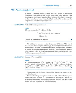 D/4
 (mod 7) (5.9)
We can use this formula to identify dy, the day of March 1 in year y, provided
we know d1600. In fact, we can also use it to find d1600 from some known value of dy.
To Determine d1600:
Because March 1, 1994, fell on a Tuesday, d1994 = 2. For y = 1994,C = 19, and
D = 94, so, by formula (5.9),
 