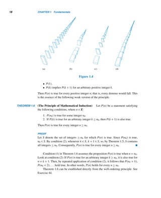 16 CHAPTER 1 Fundamentals
•
n

i=1
i =
n(n + 1)
2
•
n−1

i=0
ri =
rn − 1
r − 1
(r = 1)
How do we prove that these results hold for every positive integer n? Obviously,
it is impossible to substitute each positive integer for n and verify that the formula
holds. The principle of induction can establish the validity of such formulas.
Before we plunge into induction, we need the well-ordering principle, which we
accept as an axiom. (An axiom is a statement that is accepted as true; it is consistent
with known facts; often it is a self-evident statement.)
The Well-Ordering Principle
Every nonempty set of positive integers has a least element.
For example, the set {17,23,5,18,13} has a least element, namely, 5. The ele-
ments of the set can be ordered as 5, 13, 17, 18, and 23.
By virtue of the well-ordering principle, the set of positive integers is well or-
dered. You may notice that the set of negative integers is not well ordered.
The following example is a simple application of the well-ordering principle.
EXAMPLE 1.9 Prove that there is no positive integer between 0 and 1.
PROOF (by contradiction)
Suppose there is a positive integer a between 0 and 1. Let S = {n ∈ Z+ | 0  n  1}.
Since 0  a  1,a ∈ S, so S is nonempty. Therefore, by the well-ordering principle,
S has a least element , where 0    1. Then 0  2  , so 2 ∈ S. But 2  ,
which contradicts our assumption that  is a least element of S. Thus, there are no
positive integers between 0 and 1. 
The well-ordering principle can be extended to whole numbers also, as the fol-
lowing example shows.
EXAMPLE 1.10 Prove that every nonempty set of nonnegative integers has a least element.
PROOF (by cases)
Let S be a set of nonnegative integers.
case 1 Suppose 0 ∈ S. Since 0 is less than every positive integer, 0 is less than
every nonzero element in S, so 0 is a least element in S.
 