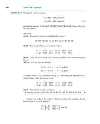 344 CHAPTER 7 Three Classical Milestones
p|a. This coupled with p|m implies p|(a,m), again a contradiction. Thus, (ari,m) =
1; that is, the integers ar1,ar2,...,arϕ(m) are relatively prime to m.
To show that no two of the integers ari can be congruent modulo m; that is, ari ≡ arj,
where 1 ≤ i  j ≤ ϕ(m):
To this end, suppose ari ≡ arj (mod m). Since (a,m) = 1, by Theorem 4.6, ri ≡
rj (mod m). But ri and rj are least residues modulo m, so ri = rj. Thus, if i = j, then
ari ≡ arj (mod m).
Thus, the least residues of ar1,ar2,...,arϕ(m) modulo m are distinct and are
ϕ(m) in number. So they are a permutation of the least residues r1,r2,...,rϕ(m)
modulo m. 
The following example demonstrates the technique used to prove Euler’s theo-
rem.
EXAMPLE 7.18 Let m = 12 and a = 35. The least residues modulo 12 that are relatively prime to 12
are 1, 5, 7, and 11, so ϕ(12) = 4. By Example 7.17, the least residues of 35 · 1, 35 · 5,
35 · 7, and 35 · 11 modulo 12 are a rearrangement of the least residues 1, 5, 7, and 11.
Therefore,
(35 · 1)(35 · 5)(35 · 7)(35 · 11) ≡ 1 · 5 · 7 · 11 (mod 12)
That is,
354
· (1 · 5 · 7 · 11) ≡ 1 · 5 · 7 · 11 (mod 12)
But (1 · 5 · 7 · 11,12) = 1, so by Theorem 4.6, 354 ≡ 1 (mod 12); that is, 35ϕ(12) ≡ 1
(mod 12). 
We are now ready to present Euler’s theorem. With Lemma 7.6 in hand, the
proof is very short, but still elegant.
THEOREM 7.10 (Euler’s Theorem) Let m be a positive integer and a any integer with (a,m) = 1.
Then aϕ(m) ≡ 1 (mod m).
PROOF
Let r1,r2,...,rϕ(m) be the least residues modulo m that are relatively prime to m.
Then, by Lemma 7.6, the integers ar1,ar2,...,arϕ(m) are congruent modulo m to
r1,r2,...,rϕ(m) in some order. Consequently,
(ar1)(ar2)···(arϕ(m)) ≡ r1r2 ···rϕ(m) (mod m)
 