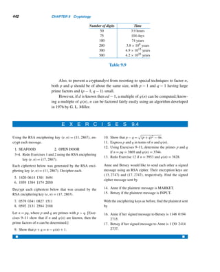 360 CHAPTER 8 Multiplicative Functions
Thus, if k = , then km + r ≡ m + r (mod n); that is, no two elements in
the given list yield the same least residue. But it contains n elements, so their least
residues modulo n are a rearrangement to the integers 0 through n − 1. 
The following example illustrates this lemma.
EXAMPLE 8.5 Let m = 4 and n = 7, so (m,n) = (4,7) = 1. Choose r = 3. Then the list r,m +
r,2m + r,...,(n − 1)m + r becomes 3, 7, 11, 15, 19, 23, and 27. Their least residues
modulo 7 are 3, 0, 4, 1, 5, 2, and 6, which are a permutation of 0, 1, 2, 3, 4, 5, and 6. 
Now, we are prepared to present the theorem.
THEOREM 8.3 The function ϕ is multiplicative.
PROOF
(The argument mirrors Example 8.4, so look for parallels if or when the proof gets
confusing.) Let m and n be positive integers such that (m,n) = 1. We would like to
show that ϕ(mn) = ϕ(m)ϕ(n).
Arrange the integers 1 through mn in m rows of n each:
1 m + 1 2m + 1 ... (n − 1)m + 1
2 m + 2 2m + 2 ... (n − 1)m + 2
3 m + 3 2m + 3 ... (n − 1)m + 3
.
.
.
r m + r 2m + r ... (n − 1)m + r ← rth row
.
.
.
m 2m 3m ... nm
Let r be a positive integer ≤ m such that (r,m)  1. We will show that no element of
the rth row in the array is relatively prime to mn. Let d = (r,m). Then d|r and d|m,
so d|km + r for any integer k; that is, d is a factor of every element in the rth row.
Thus, no element in the rth row is relatively prime to m and hence to mn if
(r,m)  1; in other words, the elements in the array relatively prime to mn come
from the rth row only if (r,m) = 1. By definition, there are ϕ(m) such integers r and
hence ϕ(m) such rows.
Now let us concentrate on the rth row, where (r,m) = 1:
r,m + r,2m + r,...,(n − 1)m + r
 