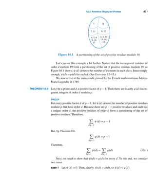 388 CHAPTER 8 Multiplicative Functions
For example, let p = 7. Then 7 = 23 − 1 and (27 + 1)/3 = 43 is prime. As we
already know, M7 is a prime. Thus, the conjecture holds when p = 7. In fact, it has
been verified that the conjecture holds for all p  100,000.
Number of Digits in Mp
We can easily pre-determine the number of digits in the Mersenne number Mp. First,
recall that every odd prime p is of the form 4k + 1 or 4k + 3. If p = 4k + 1, then
2p = 24k+1 = (24)k · 2 ≡ 6k · 2 ≡ 6 · 2 ≡ 2 (mod 10); likewise, if p = 4k + 3, then
2p ≡ 8 (mod 10). Thus, 2p = Mp + 1 ends in 2 or 8. Consequently, Mp ends in 1 or 7
and hence has the same number of digits as 2p.
To compute the number of digits in 2p, notice that log2p = p · log2. Therefore,
Number of digits in 2p
= 1 + characteristic of plog2 = plog2 