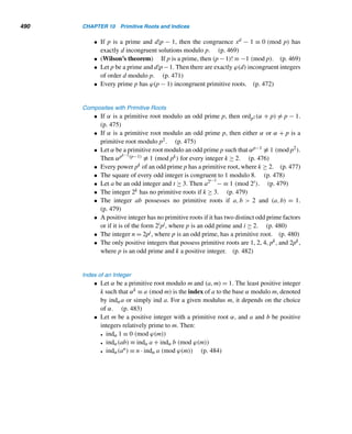 8.5 The Möbius Function (optional) 403
As d runs over the positive factors of n, so does n/d. Therefore, the inversion
formula (8.11) can also be written as
f(n) =

d|n
μ(n/d)F(d)
Notice that the definition F(n) =

d|n
f(d) expresses F in terms of f , whereas the
inversion formula (8.11) expresses f in terms of F.
To illustrate the inversion formula, recall that
τ(n) =

d|n
1 and σ(n) =

d|n
d
Because both the constant function f(n) = 1 and the identity function g(n) = n are
multiplicative, it follows by Theorem 8.18 that
1 =

d|n
μ(d)τ(n/d) =

d|n
μ(n/d)τ(d) (8.12)
and
n =

d|n
μ(d)σ(n/d) =

d|n
μ(n/d)σ(d) (8.13)
The following example illustrates these results.
EXAMPLE 8.27 Verify formulas (8.12) and (8.13) for n = 6.
PROOF
•

d|6 μ(d)τ(6/d) = μ(1)τ(6) + μ(2)τ(3) + μ(3)τ(2) + μ(6)τ(1)
= 1 · 4 + (−1) · 2 + (−1) · 2 + (−1)2 · 1
= 1
•

d|6 μ(d)σ(6/d) = μ(1)σ(6) + μ(2)σ(3) + μ(3)σ(2) + μ(6)σ(1)
= 1 · 12 + (−1) · 4 + (−1) · 3 + (−1)2 · 1
= 6 
 