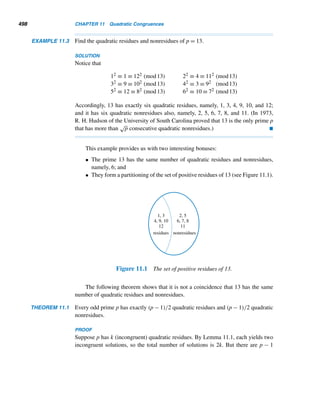 410 CHAPTER 8 Multiplicative Functions
4. Using equations (8.14) and (8.15), show that
σ(d)(a + 1)(b + 1) = d(2ab + a + b) (8.16)
5. Let d = 2n. Show that equation (8.16) can be written as
[a − (2n
− 1)][b − (2n
− 1)] = 22n
(8.17)
6. By equation (8.17), a − (2n − 1) = 2n+m and b − (2n − 1) = 2n−m for some
integer m. Solve for a, b, and c using these equations.
7. Deduce Korrah’s formula from the solutions in Exercise 4.
8. Using equation (8.16), show that σ(d)/d = 2 − 1/g, where
g = (p + 1)(q + 1)/[(p + 1) + (q + 1)].
9. Let g = 9/2 and d = 32 · 7 · 13. Show that
(2a − 7)(2b − 7) = 81 (8.18)
(Hint: Use Exercise 8.)
10. Find the possible values of a, b, and c using equation (8.18).
11. Using the values of a, b, and c, find the corresponding amicable pair.
12. In 1951, the Dutch electrical engineer Balthazar van der Pol (1889–1959) estab-
lished the recurrence relation
n2(n − 1)
6
σ(n) =
n−1

k=1

3n2
− 10k2

σ(k)σ(n − k)
Using this formula, find a recurrence relation for σ(n) for n = 2, 3, 4, and 5.
13. Let m = m1m2 ···mn, where (mi, mj) = 1 for i = j. Prove that
n

i=1
m
ϕ(m)/ϕ(mi)
i ≡
n − 1 (mod m). (J. O. Silva, 1996)
14. Show that every even perfect number  6 is one more than nine times a triangu-
lar number. (C. F. Eaton, 1995)
15. Using the formulas in Exercise 10, compute σ(n) for n = 2,3,4, and 5.
16. Let sk(n) = s(sk−1(n)), where k ≥ 2 and s1(n) = s(n) = σ(n) − n. A number n
such that sk(n) = n for some integer k is a sociable number. Show that 12496
is a sociable number. (The sociable numbers 12496, 14288, 15472, 14536, and
14264 were discovered in 1918 by P. Poulet.)
Let n =
k

i=1
pei
i be the canonical decomposition of n. Prove each.
17.

d|n
μ(d)τ(d) = (−1)k
 