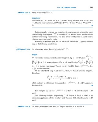 9.1 Affine Ciphers 423
By and large, a ciphertext generated by an affine cipher does not provide ade-
quate security. One way to make breaking complicated is by using a finite sequence
of affine ciphers C ≡ aiP + ki (mod 26), as Figure 9.3 shows, where 1 ≤ i ≤ n. Such
a cipher is the product (or composition) of the n ciphers. Exercises 22–25 further
explore such ciphers.
Figure 9.3
Vigenère Ciphers
Another option is to use the enciphering scheme developed by the French cryp-
tographer B. de Vigenère in 1586. The Vigenère cryptosystem employs a keyword
w1w2 ...wn of length n and n shift ciphers C ≡ Pi + ki (mod 26) to each plaintext
block of length n, where ki is the ordinal number of the letter wi and 1 ≤ i ≤ n.
The following example illustrates Vigenère encrypting.
EXAMPLE 9.7 Using the keyword CIPHER and a Vigenère cipher, encrypt the message CRYPTOG-
RAPHY IS FUN.
SOLUTION
Since the ordinal numbers of the letters C, I, P, H, E, and R in the word CIPHER are
02, 08, 15, 07, 04, and 17, respectively, they serve as the shift factors for each shift
cipher for every block. So the six shift ciphers are C ≡ P + k (mod 26), where k = 2,
8, 15, 7, 4, and 17.
Since the keyword is a six-letter word, first we group the letters of the plaintext
into blocks of length six: CRYPTO GRAPHY ISFUN.
Now apply the ith cipher to the letter wi in each block, where 1 ≤ i ≤ n. For in-
stance, consider the first block CRYPTO. Since the ordinary numbers of its letters are
02, 17, 24, 15, 19, and 14, respectively, add to them the key values 2, 8, 15, 7, 4, and
17 in that order modulo 26. The resulting numbers are 4, 25, 13, 22, 23, and 5, and
the corresponding letters are E, Z, N, W, X, and F, respectively, so the first ciphertext
block is EZNWXF. The other two blocks are similarly transformed to IZPWLP and
KAUBR, as Table 9.8 shows. Thus, the resulting ciphertext is EZNWXF IZPWLP
KAUBR.
It is important to remember that an affine cipher substitutes the very same letter
C for each occurrence of the plaintext letter P, whereas a Vigenère cipher need not.
A Vigenère cipher may substitute the same letter C for different plaintext letters.
For instance, in the preceding example the plaintext letters A and Y are enciphered
 
