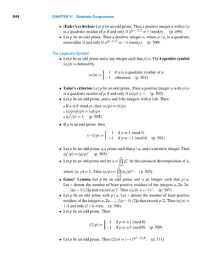 Supplementary Exercises 451
Ann and Bob would like to send each other a secret message using the RSA enci-
phering keys (17,2537) and (13,2537), respectively. Find the signed ciphertext sent
by:
23. Ann if the plaintext is MAIL. 24. Bob if the plaintext is FINE.
With the RSA enciphering keys as defined, find the plaintext message sent by
25. Ann if her signed message to Bob is 1206 1821.
26. Bob if his signed message to Ann is 0386 1611.
Determine whether the given sequence is superincreasing.
27. 3, 5, 8, 13, 21 28. 2, 3, 6, 12, 24
Solve each knapsack problem.
29. 2x1 + 3x2 + 6x3 + 12x4 + 24x5 = 17
30. 3x1 + 4x2 + 9x3 + 19x4 + 43x5 = 55
Encipher each message using the knapsack cipher with modulus 65, multiplier 17,
and superincreasing sequence 2, 3, 6, 12.
31. FOR SALE 32. TOP RANK
The knapsack ciphertext here was created with the enciphering sequence 36, 5, 22,
13, modulus 43, and multiplier 12. Decrypt each.
33. 27 00 22 22 58 22 05 54 41 76 22 35 40
34. 27 49 22 76 35 22 18 54 13 35
X SUPPLEMENTARY EXERCISES
1. Define the product cipher resulting from the affine ciphers C ≡ aP + b (mod 26)
and C ≡ cP + d (mod 26), where (a,26) = 1 = (c,26).
2. Find a deciphering formula to decipher a ciphertext generated by the affine ciphers
C ≡ aP + b (mod 26) and C ≡ cP + d (mod 26), where (ac,26) = 1.
3. Find the number of blocks of letters left fixed by the enciphering matrix

a b
c d

.
4. Prove that the product of two Hill ciphers is a Hill cipher.
5. Let A and B be two enciphering matrices of the same size for two different block
ciphers. Does the product cipher formed by A followed by B yield the same cipher
as the one formed by B followed by A? If not, why not?
6. Show that the probability that a plaintext block P selected at random is not rela-
tively prime to the RSA enciphering modulus n = pq is
1
p
+
1
q
−
1
pq
.
 