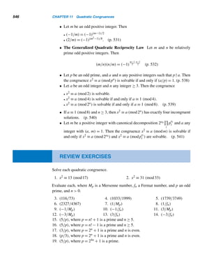 Enrichment Readings 453
14. Read in a ciphertext encrypted by a Hill enciphering matrix A and decrypt it.
15. Read in a plaintext, a prime modulus p for an exponentiation cipher, and an
enciphering exponent e. Convert it into ciphertext using modular exponentiation.
16. Read in a numeric ciphertext generated by an exponentiation cipher with a prime
modulus p and an enciphering exponent e. Translate it into plaintext.
17. Read in a plaintext and encrypt it using the RSA enciphering key (e,n).
18. Read in a numeric ciphertext generated using an RSA enciphering key (e,n).
Translate it into plaintext.
19. Read in the enciphering keys (e1,n) and (e2,n) of Anne and Betsey. Send each
a signed message by the other. Convert the received message by each to recover
the original message.
20. Read in the weights of a knapsack problem and determine whether they are
superincreasing.
21. Read in the superincreasing weights of a knapsack problem and solve it.
22. Read in a superincreasing sequence, a modulus m, and a multiplier w. Compute
the corresponding knapsack enciphering sequence.
23. Read in a superincreasing sequence, a modulus m, a multiplier w, and a plaintext.
Translate it into a knapsack ciphertext.
24. Read in a knapsack ciphertext, the enciphering sequence that generated it, the
knapsack modulus m, and multiplier w. Convert it into plaintext.
X ENRICHMENT READINGS
1. W. Diffie and M. E. Hellman, “New Directions in Cryptography,” IEEE Transac-
tions on Information Theory, 22 (Nov. 1976), 644–654.
2. H. Feistel, “Cryptography and Computer Privacy,” Scientific American, 228 (May
1973), 15–23.
3. M. E. Hellman, “The Mathematics of Public-Key Cryptography,” Scientific Amer-
ican, 241 (Aug. 1979), 146–157.
4. P. Hilton, “Cryptanalysis in World War II—and Mathematics Education,” Mathe-
matics Teacher, 77 (Oct. 1984), 548–552.
5. P. Lefton, “Number Theory and Public-Key Cryptography,” Mathematics Teacher
(Jan. 1991), 54–62.
6. D. Luciano and G. Prichett, “Cryptology: From Caesar Ciphers to Public-Key
Cryptosystems,” The College Mathematics Journal, 18 (Jan. 1987), 2–17.
7. R. C. Merkle and M. E. Hellman, “Hiding Information and Signatures in Trapdoor
Knapsacks,” IEEE Transactions on Information Theory, 24 (Sept. 1976), 525–
530.
 