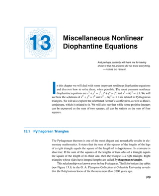 486 CHAPTER 10 Primitive Roots and Indices
5 + ind5 x ≡ 2 (mod 6)
ind5 x ≡ 3 (mod 6)
x ≡ 53
≡ 17 (mod 18)
We can verify this by direct substitution. (Note: This method requires the availability
of indices of positive integers ≤ 18 and relatively prime to it.) 
The following two examples involve a knowledge of the indices to the base 2
modulo 13. (Notice that 2 is a primitive root modulo 13.) So, for convenience, we
construct a necessary table, as Table 10.3 shows.
a 1 2 3 4 5 6 7 8 9 10 11 12
ind2 a 12 1 4 2 9 5 11 3 8 10 7 6
Table 10.3
EXAMPLE 10.26 Solve the congruence 8x5 ≡ 3 (mod 13).
SOLUTION
We have 8x5 ≡ 3 (mod 13). Take ind2 of both sides:
ind2(8x5
) ≡ ind2 3 (mod 12)
Applying Theorem 10.13 twice, this yields
ind2 8 + 5ind2 x ≡ ind2 3 (mod 12)
Using Table 10.3, this becomes
3 + 5ind2 x ≡ 4 (mod 12)
5ind2 x ≡ 1 (mod 12)
ind2 x ≡ 5 (mod 12)
x ≡ 6 (mod 13), by Table 10.3
Again, we can verify this by direct computation. 
 