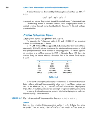 Chapter Summary 489
X CHAPTER SUMMARY
In this chapter we studied three important concepts: the order of a positive integer
modulo m, primitive root, and the index of a least residue modulo m. We learned their
fundamental properties and a few applications, including the existence of infinitely
many primes of certain types; two primality tests; and methods of finding remainders
and solving special congruences.
The Order of a Positive Integer
• The order of a positive integer a, where (a,m) = 1, is the least positive ex-
ponent e such that ae ≡ 1 (mod m). It is denoted by ordm a or simply orda.
(p. 456)
• Let ordm a = e. Then an ≡ 1 (mod m) if and only if e|n. (p. 457)
• In particular, ordm a|ϕ(m). (p. 457)
• If p is a prime, then ordm a|p − 1. (p. 457)
• Let ordm a = e. Then ai ≡ aj (mod m) if and only if i ≡ j (mod e). (p. 458)
• Let ordm a = e and k any positive integer. Then ordm(ak) = e/(e,k). (p. 458)
• ordm(ak) = e if and only if (e,k) = 1. (p. 459)
Primitive Root
• A positive integer α such that (α,m) = 1 is a primitive root modulo m if
ordm α = ϕ(m). (p. 460)
• If α is a primitive root modulo m, then the least residues of α,α2,...,αϕ(m)
modulo m are a permutation of the ϕ(m) positive integers ≤ m and relatively
prime to it. (p. 461)
• If m has a primitive root, then it has ϕ(ϕ(m)) primitive roots. (p. 462)
• If a prime p has a primitive root, then it has ϕ(p − 1) primitive roots. (p. 462)
Primality Tests
• (Lucas’ theorem) Let n be a positive integer. If there is a positive integer x
such that xn−1 ≡ 1 (mod n) and x(n−1)/q ≡ 1 (mod n) for all prime factors q
of n − 1, then n is prime. (p. 464)
• Let n be an odd positive integer. If there is a positive integer x such that
x(n−1)/2 ≡ −1 (mod n) and x(n−1)/q ≡ 1 (mod n) for all odd prime factors
q of n − 1, then n is prime. (p. 465)
Primitive Roots for Primes
• (Lagrange’s theorem) Let f(x) =
n

i=0
aixi be a polynomial of degree n ≥ 1
with integral coefficients, where p  an. Then the congruence f(x) ≡ 0 (mod p)
has at most n incongruent solutions modulo p. (p. 467)
 