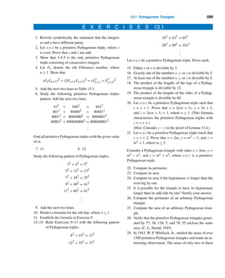496 CHAPTER 11 Quadratic Congruences
Therefore, congruence (11.2) can be rewritten as
(2Ax + B)2
≡

B2
− 4AC

(modp) (11.3)
which is of the form
y2
≡ a (modp) (11.4)
where y = 2Ax + B and a = B2 − 4AC.
Since these steps are reversible, this discussion shows that congruence (11.1) is
solvable if and only if congruence (11.4) is solvable.
The following numeric example demonstrates this.
EXAMPLE 11.1 Solve the quadratic congruence 3x2 − 4x + 7 ≡ 0 (mod13).
SOLUTION
3x2
− 4x + 7 ≡ 0 (mod13)
Multiply both sides by 4 · 3 = 12:
36x2
− 48x + 84 ≡ 0 (mod13)
That is,
(6x − 4)2
≡ (16 − 84) (mod13)
(6x − 4)2
≡ 10 (mod13)
Let y = 6x − 4. Then y2 ≡ 10 (mod13). This congruence has exactly two solutions,
y ≡ 6, 7 (mod13). (Verify this.)
Therefore, the solutions of the congruence are given by those of the linear con-
gruences 6x − 4 ≡ 6 (mod13) and 6x − 4 ≡ 7 (mod13), namely, x ≡ 6, 4 (mod13).
Verify this, too. 
Notice that the quadratic congruence in this example has exactly two solutions.
But the next example shows that not every quadratic congruence has a solution.
EXAMPLE 11.2 Solve, if possible, the quadratic congruence 3x2 + 7x + 5 ≡ 0 (mod13).
SOLUTION
The congruence 3x2 + 7x + 5 ≡ 0 (mod13) yields (6x + 7)2 ≡ 2 (mod13) (verify
this). But the square of none of the least residues modulo 13 yields 2. So this con-
gruence, and hence the given one, is not solvable. 
 
