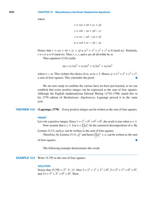 11.3 Quadratic Reciprocity 517
Ferdinand Gotthold Eisenstein (1823–1852), born in Berlin, entered the Univer-
sity of Berlin at the late age of 20 due to ill health. But by then he had mastered the
work of Gauss, Dirichlet, and Jacobi. In 1844, he published two proofs of the law of
quadratic reciprocity, and the analogous laws of cubic reciprocity and biquadratic
reciprocity. Four years later in Berlin he was imprisoned briefly by the Prussian
army for his revolutionary activities in Berlin. Elected to the Berlin Academy of Sci-
ences as Jacobi’s successor in 1852, he made significant contributions to number
theory and algebra.
Eisenstein died of tuberculosis at the age of 29.
Figure 11.2
We now employ this geometric approach to establish the lemma. It is due to the
German mathematician Ferdinand Eisenstein, a student of Gauss at Berlin.
PROOF (of the lemma)
Let S(p,q) =
(p−1)/2

k=1

kq
p

and S(q,p) =
(q−1)/2

k=1

kp
q

. Since p and q are distinct
odd primes, kq/p and kp/q are never integers. Since

kq
p

is the number of positive
integers ≤
kq
p
,

kq
p

gives the number of lattice points on the vertical line x = k,
above the x-axis, and below the line y =
q
p
x. (Notice that no points on the line y =
q
p
x are lattice points when x  p.) Therefore, S(p,q) denotes the number of lattice
points above the x-axis, below the line y =
q
p
x, and on the vertical lines x = k, where
1 ≤ k ≤
p − 1
2
. Referring to Figure 11.3, S(p,q) equals the number of lattice points
on or inside the polygon ABCDE.
 