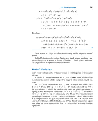 518 CHAPTER 11 Quadratic Congruences
Figure 11.3
A similar argument shows that S(q, p) denotes the total number of lattice points
lying to the right of the y-axis, above the line x =
p
q
y; that is, y =
q
p
x, and on the lines
y = k, where 1 ≤ k ≤
q − 1
2
. In other words, S(q, p) denotes the number of lattice
points inside or on AEF.
Thus, S(p,q)+S(q, p) denotes the total number of lattice points inside or on the
rectangle BCDF, namely,

p − 1
2

·

q − 1
2

. This yields the desired result. 
At last we arrive at the law of quadratic reciprocity, which is quite aesthetically
appealing. The proof given is Gauss’ third proof of the law, and hinges on his earlier
lemma and Lemma 11.2, just proved. The proof begins identically to that of Gauss’
lemma, so you may review its proof.
THEOREM 11.8 (Law of Quadratic Reciprocity) Let p and q be distinct odd primes. Then
(p/q)(q/p) = (−1)
p−1
2 · q−1
2
PROOF
Let r1,r2,...,rk denote the least positive residues of the integers q,2q,...,

p − 1
2

q modulo p that are ≤ p/2 and s1,s2,...,sv those that exceed p/2. Clearly,
k + ν =
p − 1
2
and (q/p) = (−1)ν.
 