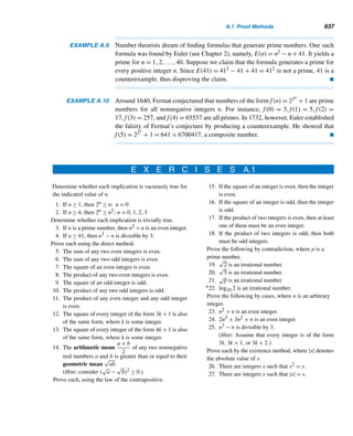 544 CHAPTER 11 Quadratic Congruences
• (Euler’s criterion) Let p be an odd prime. Then a positive integer a with p  a
is a quadratic residue of p if and only if a(p−1)/2 ≡ 1 (modp). (p. 499)
• Let p be an odd prime. Then a positive integer a, where p  a, is a quadratic
nonresidue if and only if a(p−1)/2 ≡ −1 (modp). (p. 500)
The Legendre Symbol
• Let p be an odd prime and a any integer such that p  a. The Legendre symbol
(a/p) is defined by
(a/p) =

1 if a is a quadratic residue of p
−1 otherwise (p. 501)
• Euler’s criterion Let p be an odd prime. Then a positive integer a with p  a
is a quadratic residue of p if and only if (a/p) = 1. (p. 502)
• Let p be an odd prime, and a and b be integers with p  ab. Then:
• If a ≡ b (modp), then (a/p) = (b/p).
• (a/p)(b/p) = (ab/p).
• (a2/p) = 1. (p. 502)
• If p is an odd prime, then
(−1/p) =

1 if p ≡ 1 (mod4)
−1 if p ≡ −1 (mod4) (p. 503)
• Let p be an odd prime, q a prime such that p  q, and i a positive integer. Then
(qi/p) = (q/p)i. (p. 505)
• Let p be an odd prime and let a =
n

i=1
pei
i be the canonical decomposition of a,
where (a, p) = 1. Then (a/p) =
n

i=1
(pi/p)ei . (p. 505)
• Gauss’ Lemma Let p be an odd prime and a an integer such that p  a.
Let ν denote the number of least positive residues of the integers a,2a,3a,
...,[(p − 1)/2]a that exceed p/2. Then (a/p) = (−1)ν. (p. 507)
• Let p be an odd prime with p  a. Let v denote the number of least positive
residues of the integers a,2a,...,[(p−1)/2]a that exceed p/2. Then (a/p) =
1 if and only if v is even. (p. 508).
• Let p be an odd prime. Then
(2/p) =

1 if p ≡ ±1 (mod8)
−1 if p ≡ ±3 (mod8) (p. 509)
• Let p be an odd prime. Then (2/p) = (−1)(p2−1)/8. (p. 511)
 