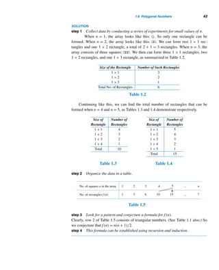 1.6 Polygonal Numbers 41
Table 1.1
A Recursive Definition of tn
t1 = 1
tn = tn−1 + n, n ≥ 2
As an example, since t3 = 6, t4 = t3 + 4 = 6 + 4 = 10 (see Figure 1.17).
We can solve the recurrence relation and obtain the explicit formula for tn found
earlier (see Exercise 1).
Now, let us take another look at The Twelve Days of Christmas, the traditional
carol, and see how it is related to triangular numbers.
The Twelve Days of Christmas
On the first day of Christmas, my true love sent me a partridge in a pear tree. On the
second day of Christmas, my true love sent me two turtle doves and a partridge in a
pear tree. On the third day, my true love sent me three French hens, two turtle doves,
and a partridge in a pear tree. The pattern continues until the twelfth day, on which
my true love sent me twelve drummers drumming, eleven pipers piping, ten lords
a-leaping, nine ladies dancing, eight maids a-milking, seven swans a-swimming, six
geese a-laying, five gold rings, four calling birds, three French hens, two turtle doves,
and a partridge in a pear tree.
Two interesting questions we would like to pursue:
• If the pattern in the carol continues for n days, how many gifts gn would be
sent on the nth day?
• What is the total number of gifts sn sent in n days?
First, notice that the number of gifts sent on the nth day equals n more than the
number of gifts sent on the previous day, so gn = gn−1 + n, where g1 = 1. Therefore,
gn = tn, the nth triangular number. For instance, the number of gifts sent on the
twelfth day is given by t12 = (12 · 13)/2 = 78.
It now follows that
sn =
n

i=1
ti
=
n

i=1
i(i + 1)
2
=
1
2
	 n

i=1
i2
+
n

i=1
i


 