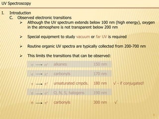 8
UV Spectroscopy
I. Introduction
C. Observed electronic transitions
 Although the UV spectrum extends below 100 nm (high energy), oxygen
in the atmosphere is not transparent below 200 nm
 Special equipment to study vacuum or far UV is required
 Routine organic UV spectra are typically collected from 200-700 nm
 This limits the transitions that can be observed:
s
s

n
n
s


s

alkanes
carbonyls
unsaturated cmpds.
O, N, S, halogens
carbonyls
150 nm
170 nm
180 nm √ - if conjugated!
190 nm
300 nm √
 