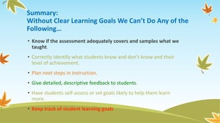 Summary:
Without Clear Learning Goals We Can’t Do Any of the
Following…
• Know if the assessment adequately covers and samples what we
taught.
• Correctly identify what students know and don’t know and their
level of achievement.
• Plan next steps in instruction.
• Give detailed, descriptive feedback to students.
• Have students self-assess or set goals likely to help them learn
more.
• Keep track of student learning goals
 