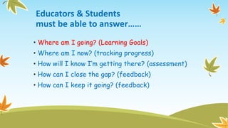 Educators & Students
must be able to answer……
• Where am I going? (Learning Goals)
• Where am I now? (tracking progress)
• How will I know I’m getting there? (assessment)
• How can I close the gap? (feedback)
• How can I keep it going? (feedback)
 