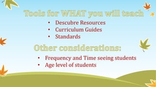 • Descubre Resources
• Curriculum Guides
• Standards
• Frequency and Time seeing students
• Age level of students
 