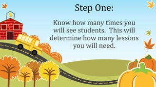 Step One:
Know how many times you
will see students. This will
determine how many lessons
you will need.
 