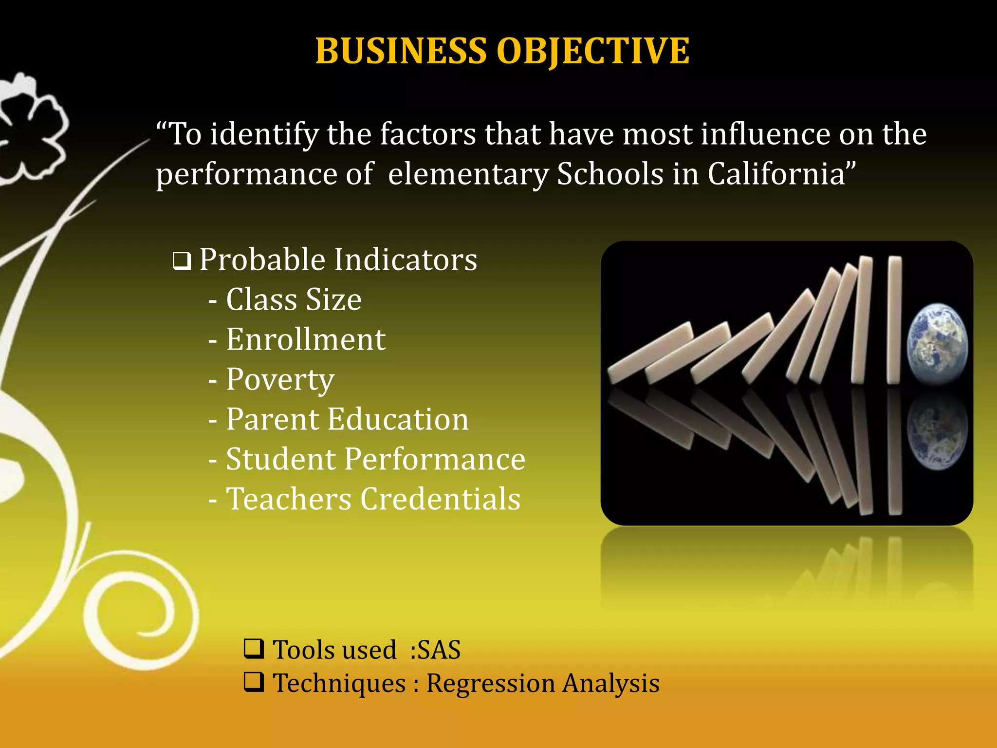 BUSINESS OBJECTIVE
“To identify the factors that have most influence on the
performance of elementary Schools in California”
 Probable Indicators

- Class Size
- Enrollment
- Poverty
- Parent Education
- Student Performance
- Teachers Credentials

 Tools used :SAS
 Techniques : Regression Analysis

 