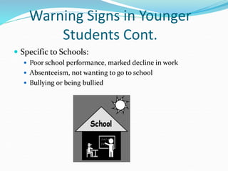 Warning Signs in Younger
Students Cont.
 Specific to Schools:
 Poor school performance, marked decline in work
 Absenteeism, not wanting to go to school
 Bullying or being bullied
 