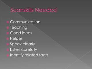 Scanskills NeededCommunicationTeachingGood ideasHelperSpeak clearlyListen carefullyIdentify related facts