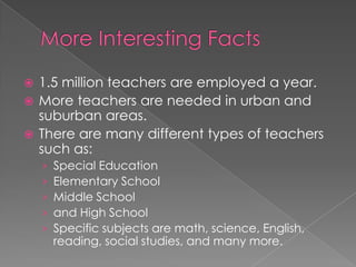 More Interesting Facts1.5 million teachers are employed a year.More teachers are needed in urban and suburban areas.There are many different types of teachers such as:Special EducationElementary SchoolMiddle Schooland High SchoolSpecific subjects are math, science, English, reading, social studies, and many more.